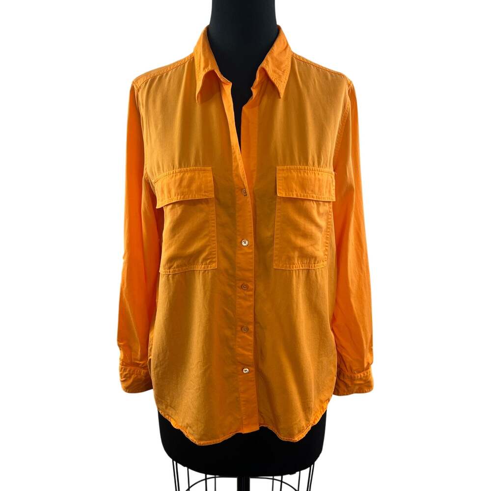 Babaton Orange Top Collared Roll Tab Sleeve Curved Hem Button-Up Size Small S